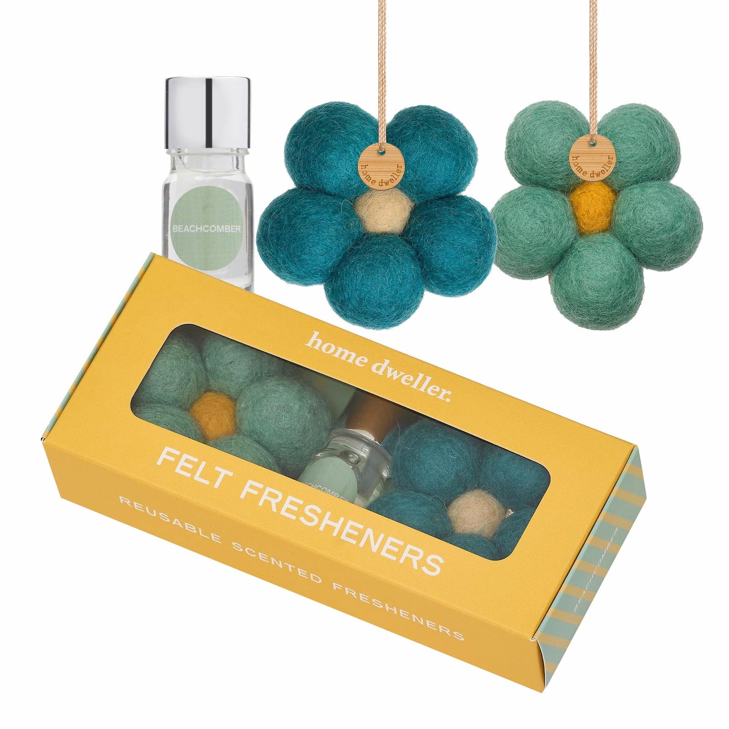 Two wool felt flowers with premium fragrance oil bottle