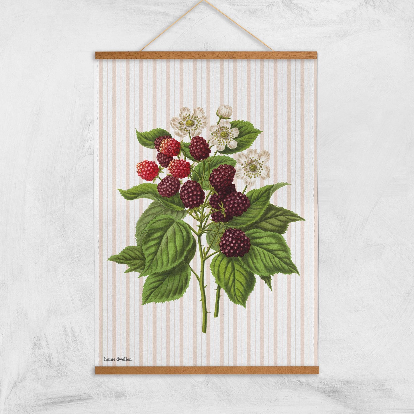 Flour sack cotton tea towel hanging with magnetic print hanger as an artwork