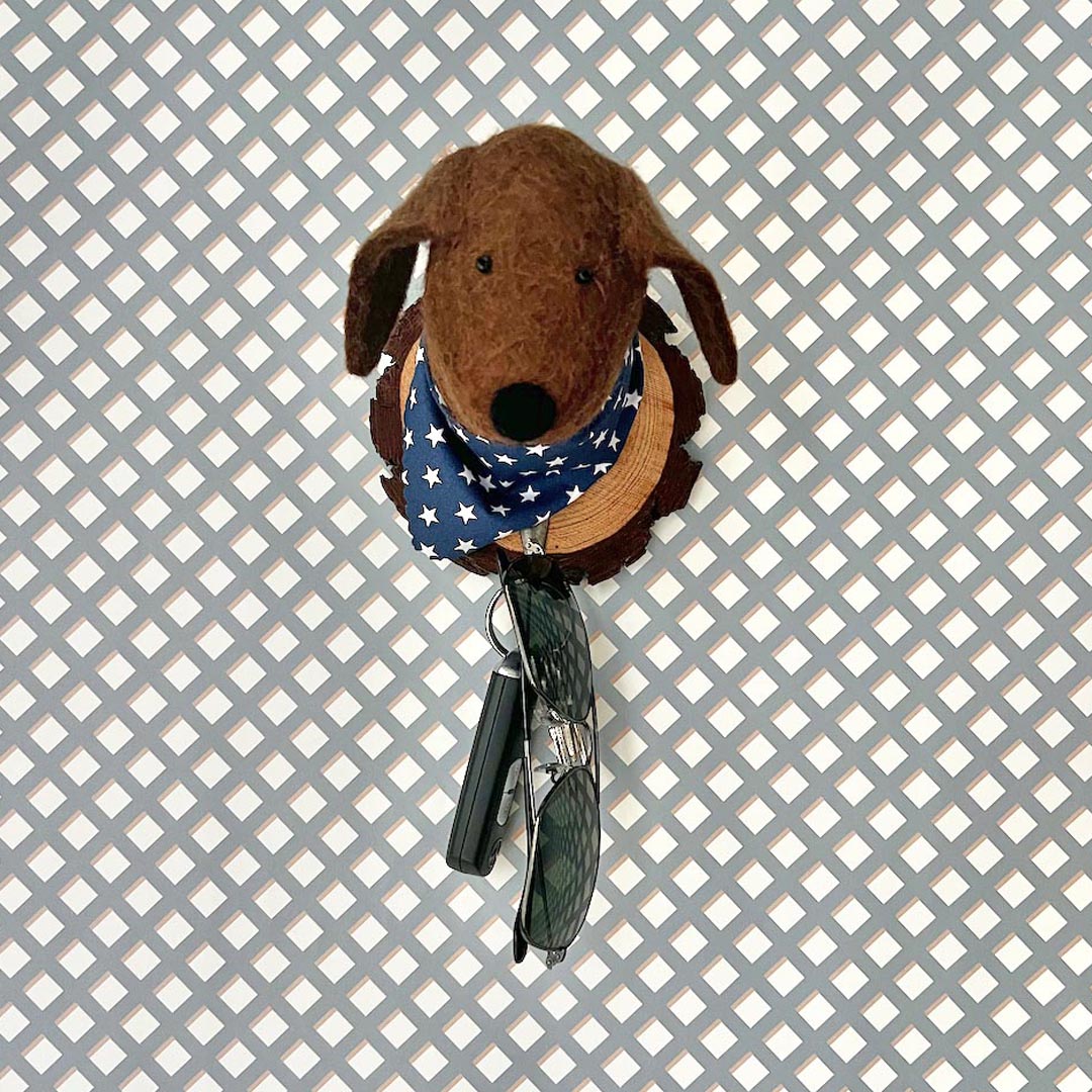 Fair trade felted dog wall art with brass hook