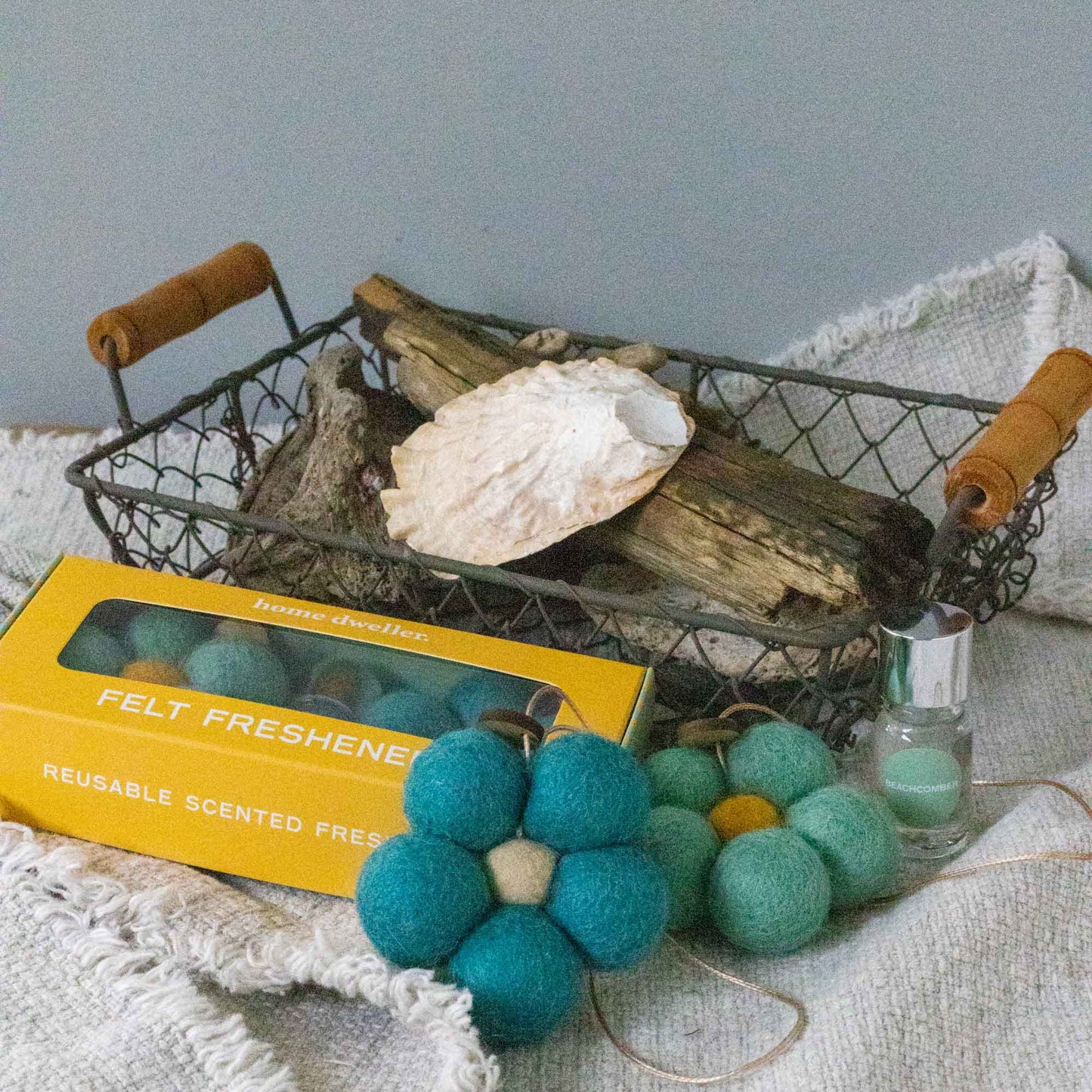 Handcrafted wool felt flower air freshener with Beachcomber fragrance oil