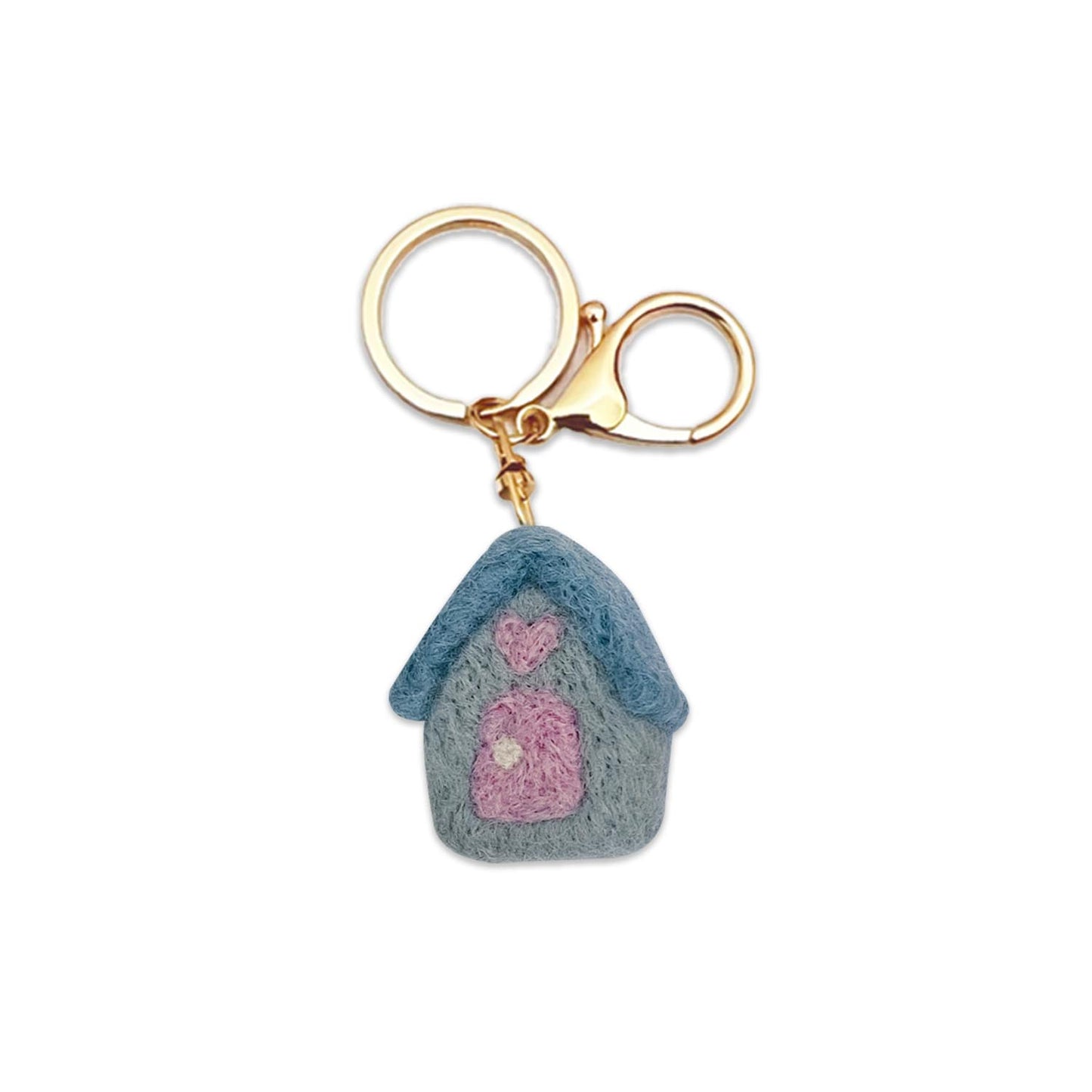 Hand-felted blue house keychain made from natural wool