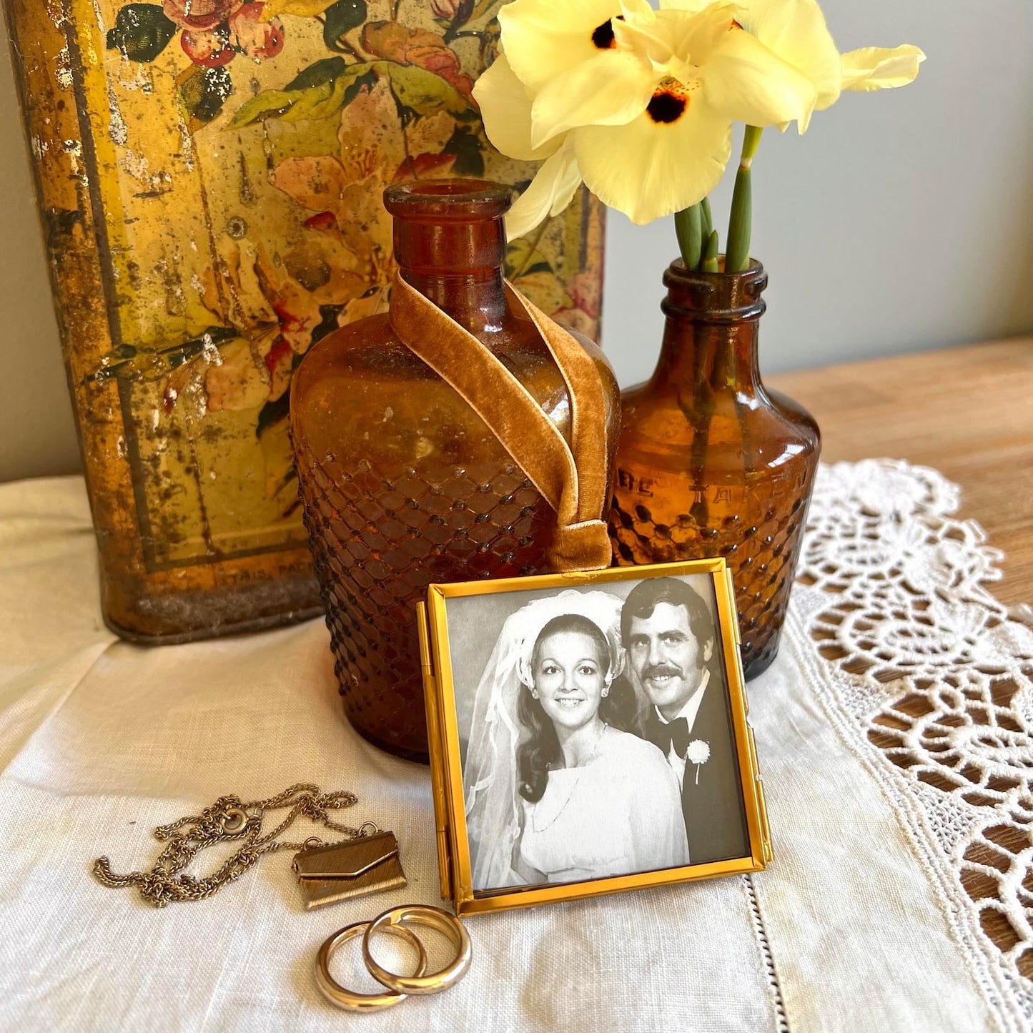 Brass ornament frame styled with sentimental photos