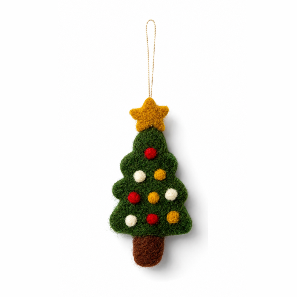 A felt Christmas tree ornament with a gold star on top, decorated with red, yellow, and white pom-poms, hanging from a thin gold string against a white background.