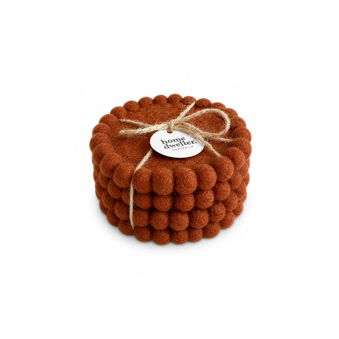Stack of brown textured felt coasters with a string and tag on a white background