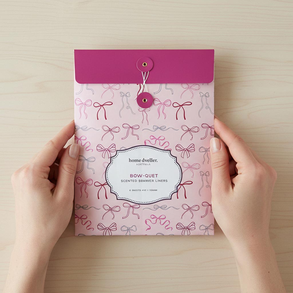 Pink package with bow pattern held by hands on a wooden surface