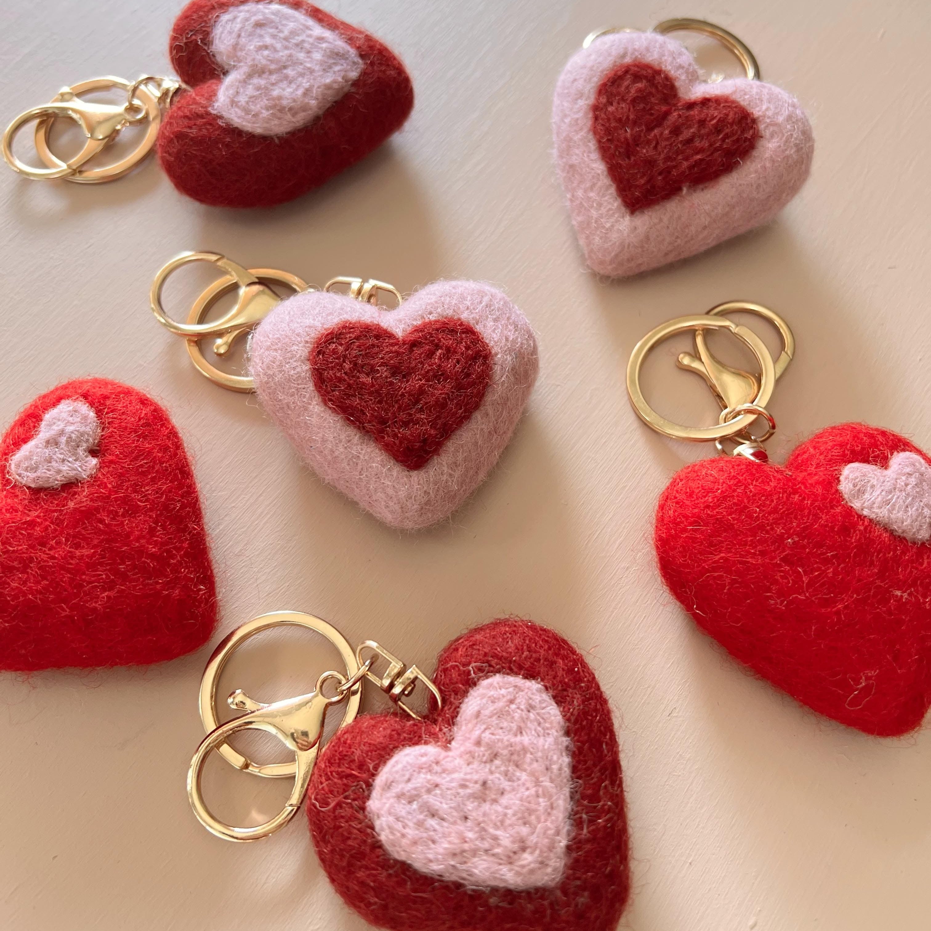Pink Felt Heart Keyrings – Handmade Wool Gift & Bag Charms – Home