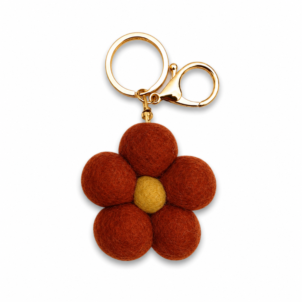 Deep Red Felt Flower Keychain – Handmade Wool Bag Charm Gift – Home Dweller
