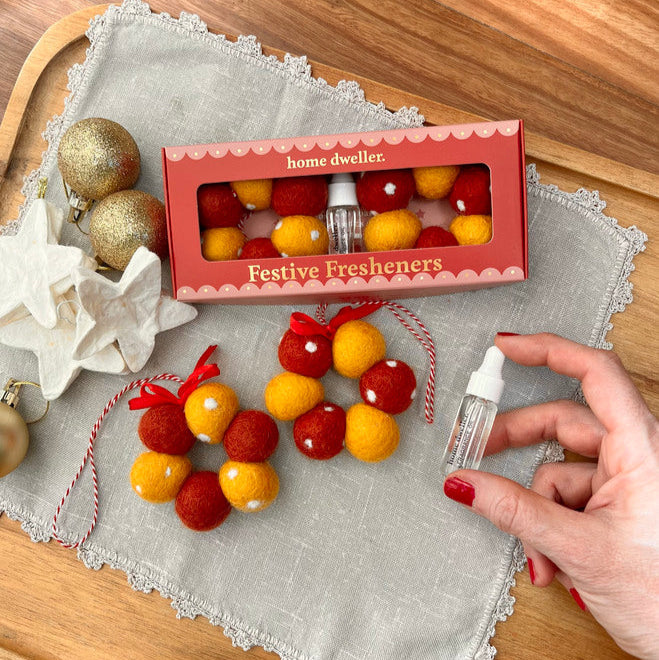 Festive freshener set including fragrance oil bottle
